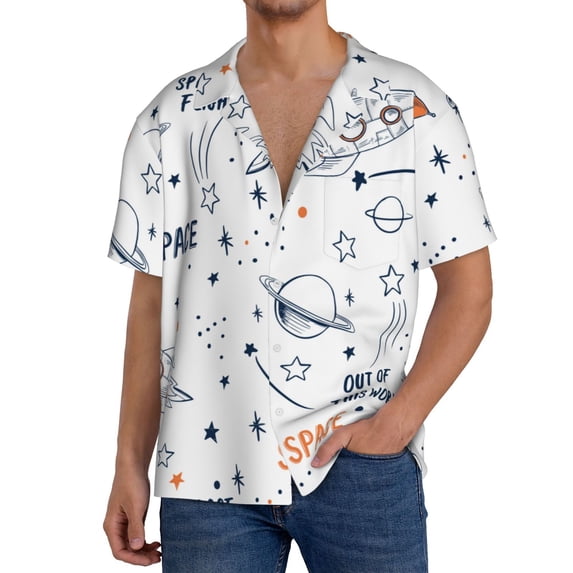 PAYOHTO Hand Drawn Space Elements Mens Hawaiian Casual Short-sleeved Shirt Tropical Summer Beach Button Down Shirts