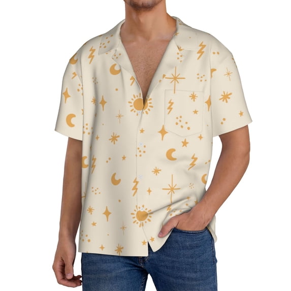 PAYOHTO Kid Doodle Sun Moon Stars Mens Hawaiian Casual Short-sleeved Shirt Tropical Summer Beach Button Down Shirts
