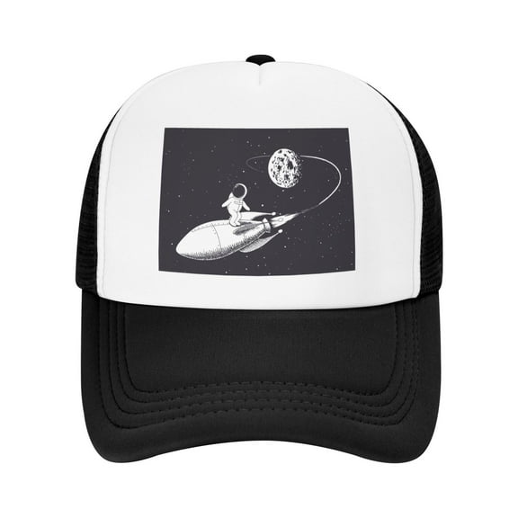 PAYOHTO Kids Astronaut Rocket Baseball Hat Back Adjustable Mesh Breathable Hats Black Trucker Cap Outdoor Fishing Sun Caps for Boys or Girls ages 4-10