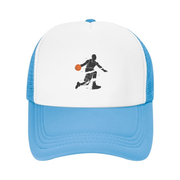 PAYOHTO Kids Basketball Dribble Dark Flame Silhouette Baseball Hat Back Adjustable Mesh Breathable Hats Sky Blue Trucker Cap Outdoor Fishing Sun Caps for Boys or Girls ages 4-10