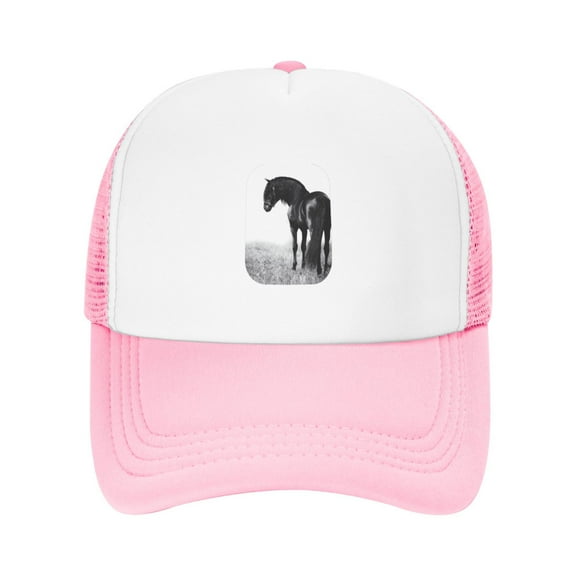 PAYOHTO Kids Black Horse White Photo Baseball Hat Back Adjustable Mesh Breathable Hats Pink Trucker Cap Outdoor Fishing Sun Caps for Boys or Girls ages 4-10