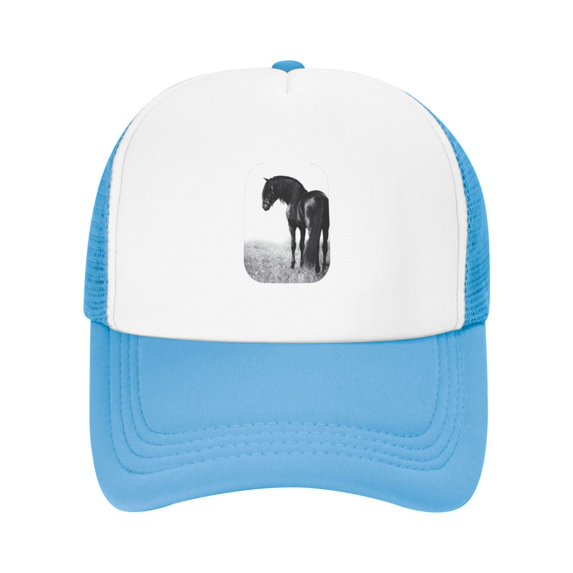 PAYOHTO Kids Black Horse White Photo Baseball Hat Back Adjustable Mesh Breathable Hats Sky Blue Trucker Cap Outdoor Fishing Sun Caps for Boys or Girls ages 4-10