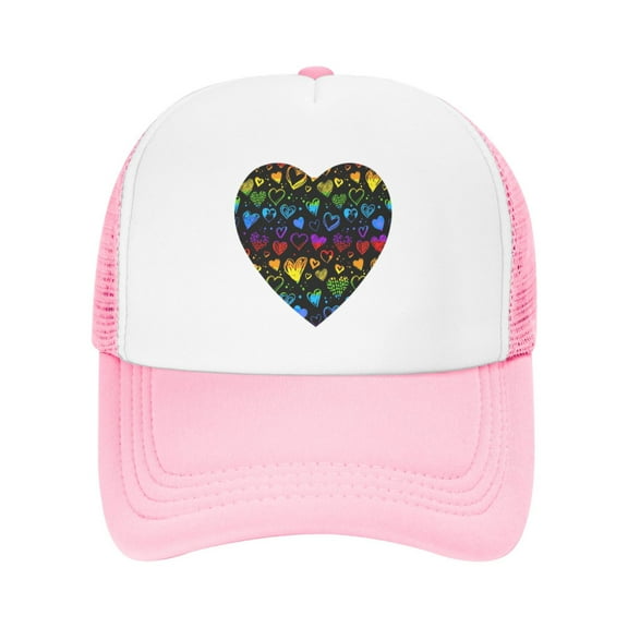 PAYOHTO Kids Colorful Love Heard Baseball Hat Back Adjustable Mesh Breathable Hats Pink Trucker Cap Outdoor Fishing Sun Caps for Boys or Girls ages 4-10