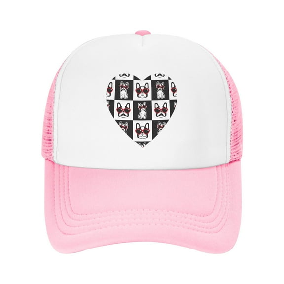 PAYOHTO Kids Cute French Bulldog with Heart Sunglasses Baseball Hat Back Adjustable Mesh Breathable Hats Pink Trucker Cap Outdoor Fishing Sun Caps for Boys or Girls ages 4-10