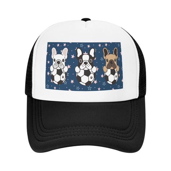 PAYOHTO Kids Cute French Bulldog Soccer Baseball Hat Back Adjustable Mesh Breathable Hats Black Trucker Cap Outdoor Fishing Sun Caps for Boys or Girls ages 4-10