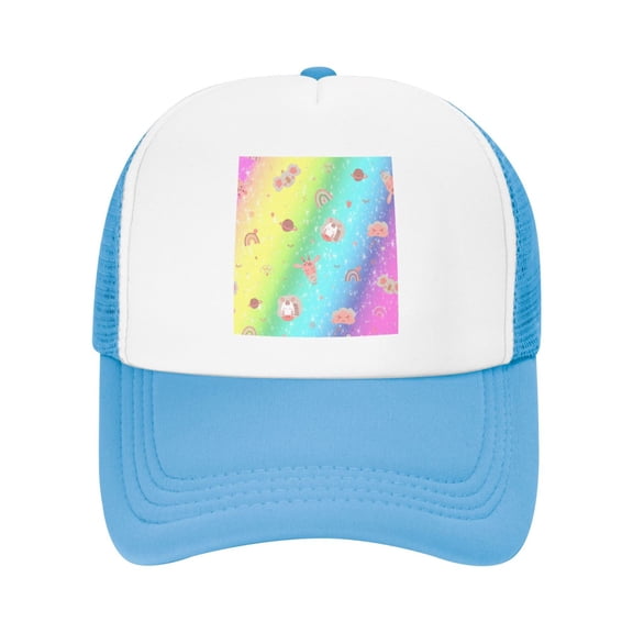 PAYOHTO Kids Cute Little Animals & Rainbow Glitter Baseball Hat Back Adjustable Mesh Breathable Hats Sky Blue Trucker Cap Outdoor Fishing Sun Caps for Boys or Girls ages 4-10
