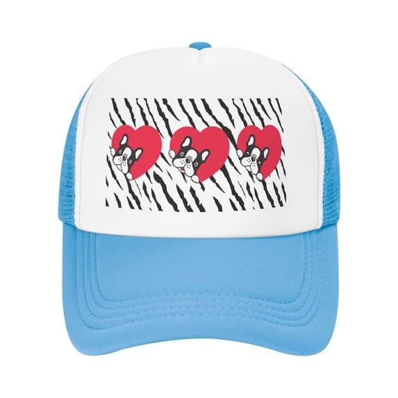 PAYOHTO Kids Heart Shaped French Bulldog Smile Baseball Hat Back Adjustable Mesh Breathable Hats Sky Blue Trucker Cap Outdoor Fishing Sun Caps for Boys or Girls ages 4-10