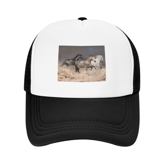 PAYOHTO Kids Horse Herd Run Gallop in Sandy Field Baseball Hat Back Adjustable Mesh Breathable Hats Black Trucker Cap Outdoor Fishing Sun Caps for Boys or Girls ages 4-10