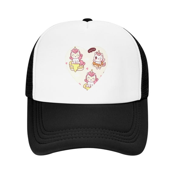 PAYOHTO Kids Kawaii Girly Doodles Unicorn Donut Baseball Hat Back Adjustable Mesh Breathable Hats Black Trucker Cap Outdoor Fishing Sun Caps for Boys or Girls ages 4-10