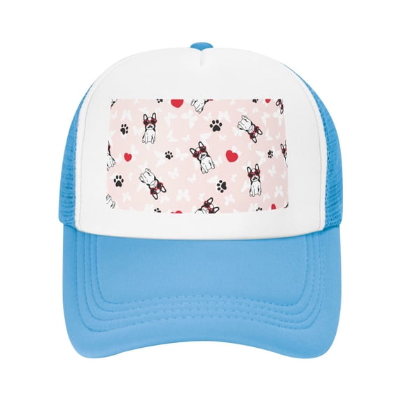 PAYOHTO Kids Lovely French Bulldog with Heart Sunglasses Baseball Hat Back Adjustable Mesh Breathable Hats Sky Blue Trucker Cap Outdoor Fishing Sun Caps for Boys or Girls ages 4-10