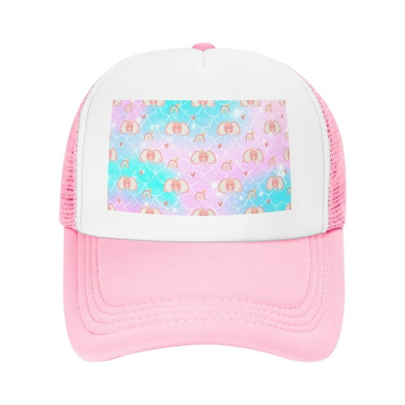 PAYOHTO Kids Mermaid Scales & Kawaii Baby Elephant Baseball Hat Back Adjustable Mesh Breathable Hats Pink Trucker Cap Outdoor Fishing Sun Caps for Boys or Girls ages 4-10