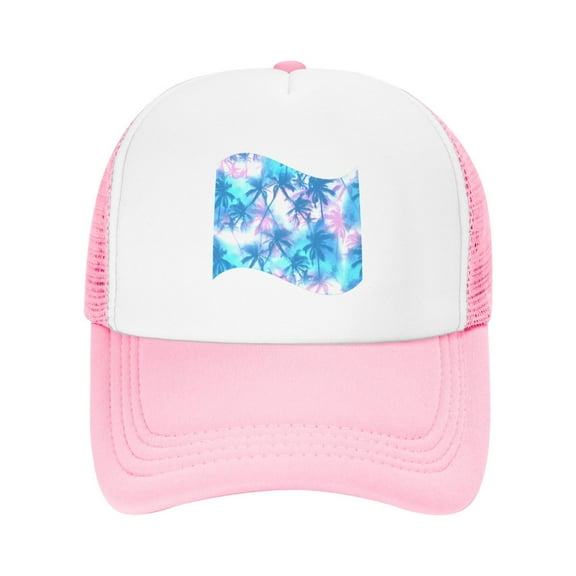 PAYOHTO Kids Palm Tropical Pattern Exotic Baseball Hat Back Adjustable Mesh Breathable Hats Pink Trucker Cap Outdoor Fishing Sun Caps for Boys or Girls ages 4-10