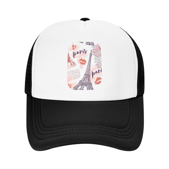 PAYOHTO Kids Paris Vintage Eiffel Tower Baseball Hat Back Adjustable Mesh Breathable Hats Black Trucker Cap Outdoor Fishing Sun Caps for Boys or Girls ages 4-10