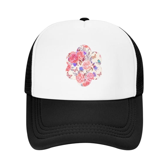 PAYOHTO Kids Romantic Roses Butterfly Baseball Hat Back Adjustable Mesh Breathable Hats Black Trucker Cap Outdoor Fishing Sun Caps for Boys or Girls ages 4-10