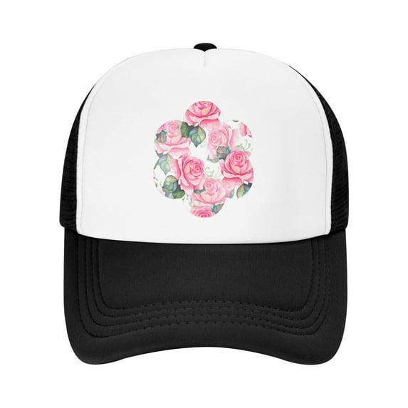 PAYOHTO Kids Roses Pink Baseball Hat Back Adjustable Mesh Breathable Hats Black Trucker Cap Outdoor Fishing Sun Caps for Boys or Girls ages 4-10