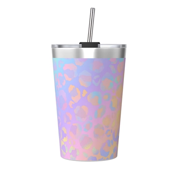 PAYOHTO Leopard Print Gradient Background Insulated Stainless Steel Tumbler 12 oz Thermos Come with Straw Kids Leak-Proof Travel Mug Cup