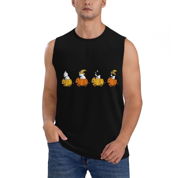 PAYOHTO Men's Sleeveless Shirts Gym Tank Top with French Bulldog Riding Pumpkin Car Design