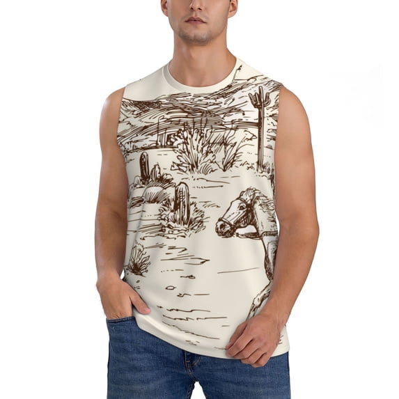 PAYOHTO Men's Sleeveless Shirts Gym Tank Top with Wild West Desert Cowboy Design