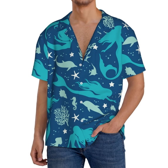 PAYOHTO Mermaid Dolphin Ocean Elements Mens Hawaiian Casual Short-sleeved Shirt Tropical Summer Beach Button Down Shirts