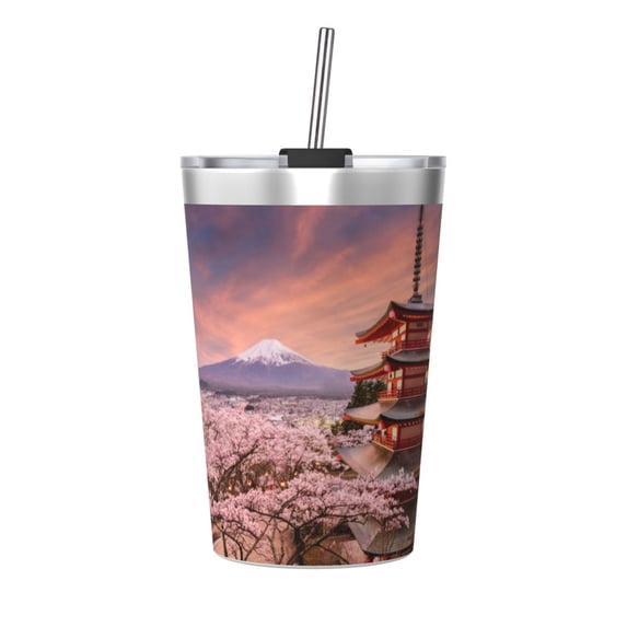 PAYOHTO Mount Fuji Cherry Blossom Insulated Stainless Steel Tumbler 12 oz Thermos Come with Straw Kids Leak-Proof Travel Mug Cup