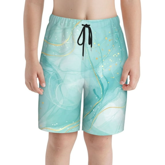 PAYOHTO Pastel Cyan Mint Watercolor Boys Swim Trunks Quick Dry Beach Boardshorts for Teen Boys Bathing Suit Swimwear for Boys
