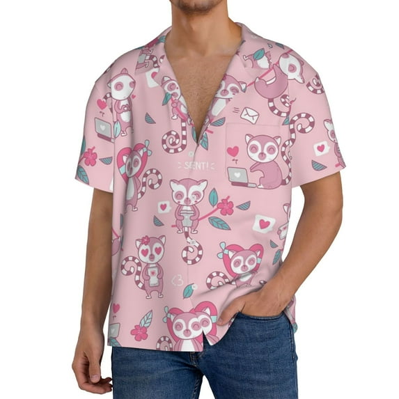 PAYOHTO Pink Cute Monkey Mens Hawaiian Casual Short-sleeved Shirt Tropical Summer Beach Button Down Shirts