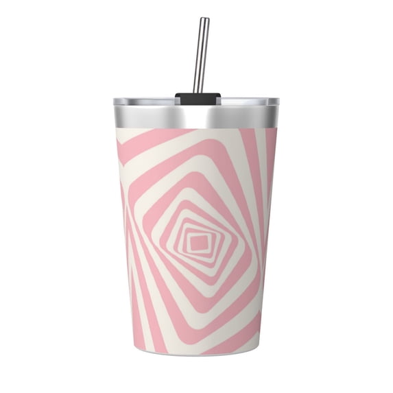 PAYOHTO Pink Geometric Wavy Insulated Stainless Steel Tumbler 12 oz Thermos Come with Straw Kids Leak-Proof Travel Mug Cup