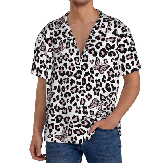 PAYOHTO Pink Leopard Butterfly Mens Hawaiian Casual Short-sleeved Shirt Tropical Summer Beach Button Down Shirts
