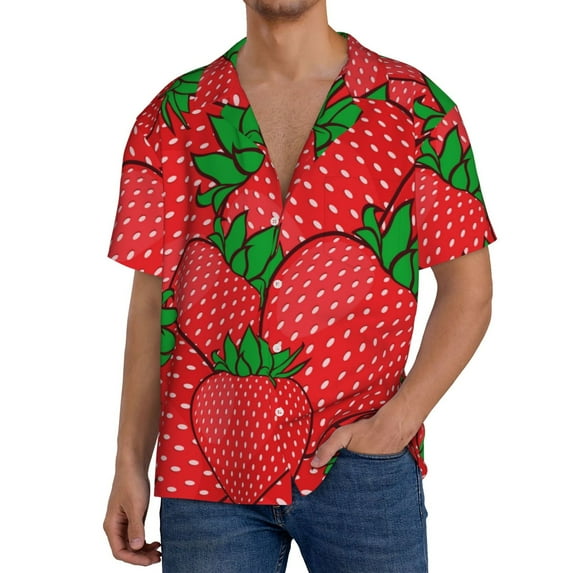 PAYOHTO Red Strawberry Mens Hawaiian Casual Short-sleeved Shirt Tropical Summer Beach Button Down Shirts
