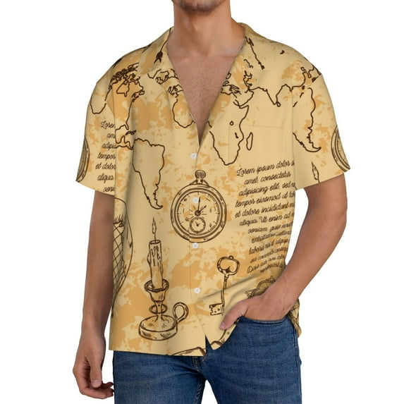 PAYOHTO Retro Globe Compass World Map Mens Hawaiian Casual Short-sleeved Shirt Tropical Summer Beach Button Down Shirts