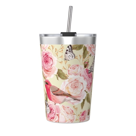 PAYOHTO Roses Birds Beige Insulated Stainless Steel Tumbler 12 oz Thermos Come with Straw Kids Leak-Proof Travel Mug Cup