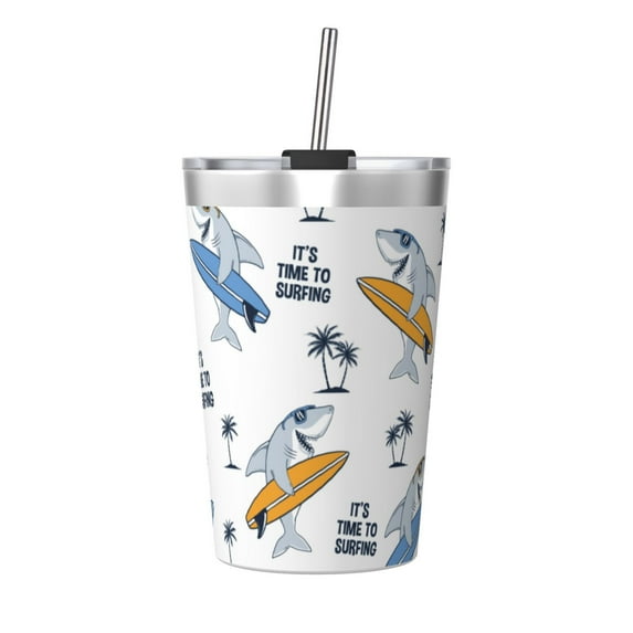 PAYOHTO Shark Cool Insulated Stainless Steel Tumbler 12 oz Thermos Come with Straw Kids Leak-Proof Travel Mug Cup
