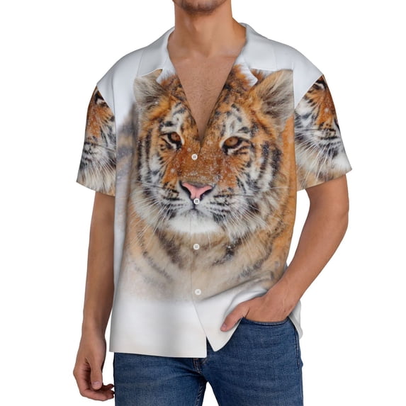 PAYOHTO Siberian Tiger Run in Wild Snow Winter Mens Hawaiian Casual Short-sleeved Shirt Tropical Summer Beach Button Down Shirts