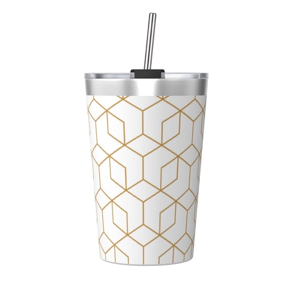 PAYOHTO Simple Plaid Geometric Pattern Insulated Stainless Steel Tumbler 12 oz Thermos Come with Straw Kids Leak-Proof Travel Mug Cup