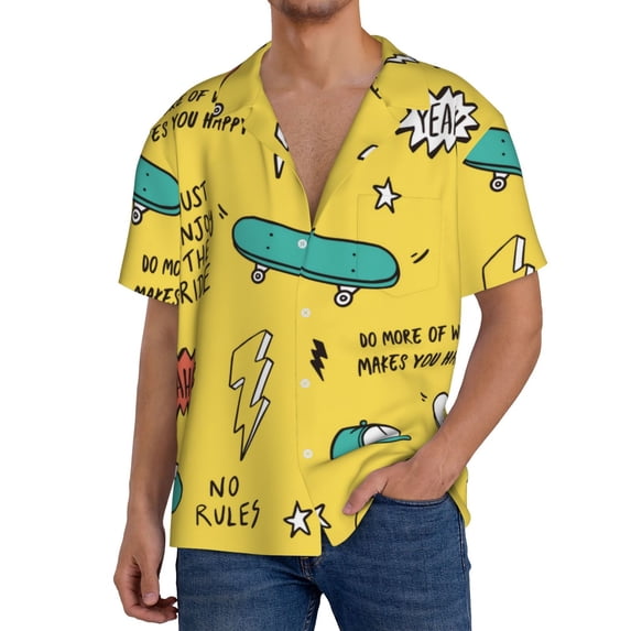 PAYOHTO Skateboarding Elements Mens Hawaiian Casual Short-sleeved Shirt Tropical Summer Beach Button Down Shirts