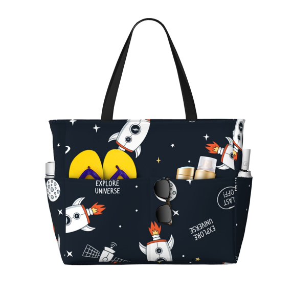 PAYOHTO Space Rocket Planet Large Beach Tote Bags for Womens Mens Sandproof Swim Pool Bag with Zipper for Travel Vacation