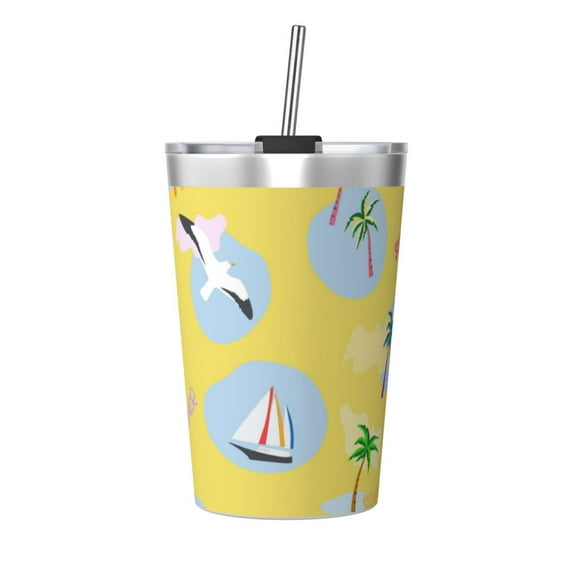 PAYOHTO Summer Holidays Insulated Stainless Steel Tumbler 12 oz Thermos Come with Straw Kids Leak-Proof Travel Mug Cup