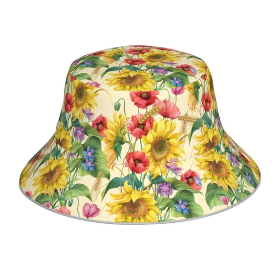 PAYOHTO Sunflower Cornflower Poppy Beige Bucket Hats for Women Men, Beach Summer Outdoor Fisherman Hat for Boy Girl