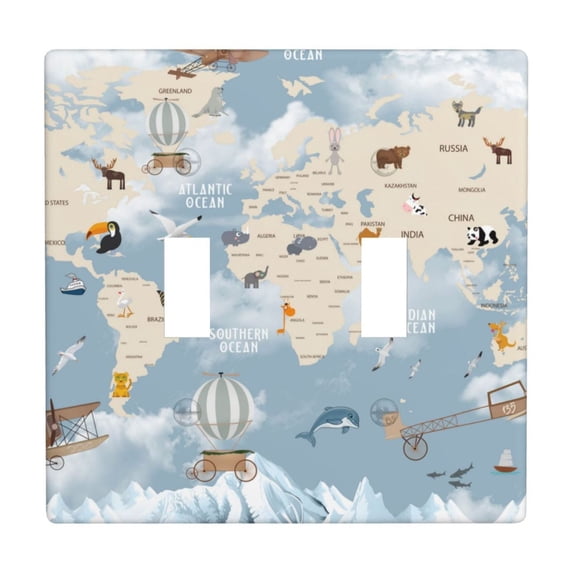 PAYOHTO Toggle Light Switch Wall Plate Animals world map Double Switch Cover Standard Size 2-Gang 4.50" x 4.5" Unbreakable Polycarbonate Thermoplastic