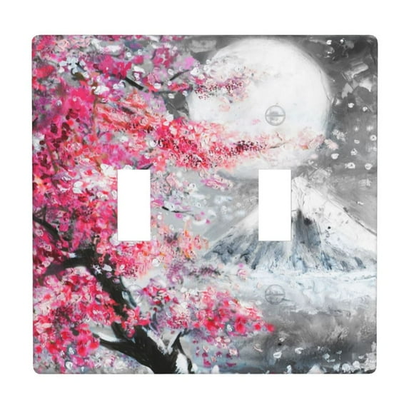 PAYOHTO Toggle Light Switch Wall Plate Oil Painting Landscape of Cherry Blossoms and Mountains Double Switch Cover Standard Size 2-Gang 4.50" x 4.5" Unbreakable Polycarbonate Thermoplastic