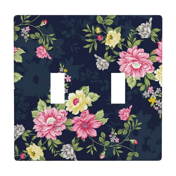 PAYOHTO Toggle Light Switch Wall Plate Vintage Flower Navy Color Double Switch Cover Standard Size 2-Gang 4.50" x 4.5" Unbreakable Polycarbonate Thermoplastic