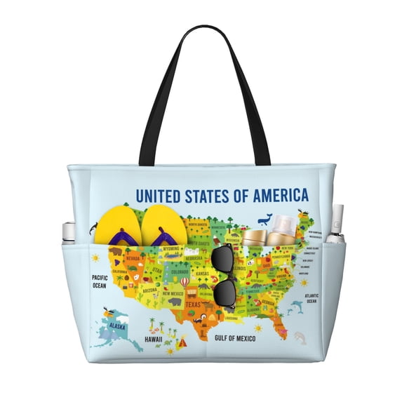 PAYOHTO USA Map Cartoon Animal Large Beach Tote Bags for Womens Mens Sandproof Swim Pool Bag with Zipper for Travel Vacation