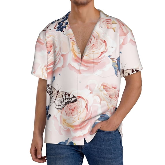 PAYOHTO Vintage Flowers Butterfly Mens Hawaiian Casual Short-sleeved Shirt Tropical Summer Beach Button Down Shirts