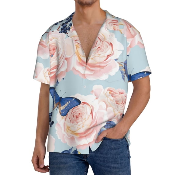 PAYOHTO Vintage Flowers Butterfly blue Mens Hawaiian Casual Short-sleeved Shirt Tropical Summer Beach Button Down Shirts