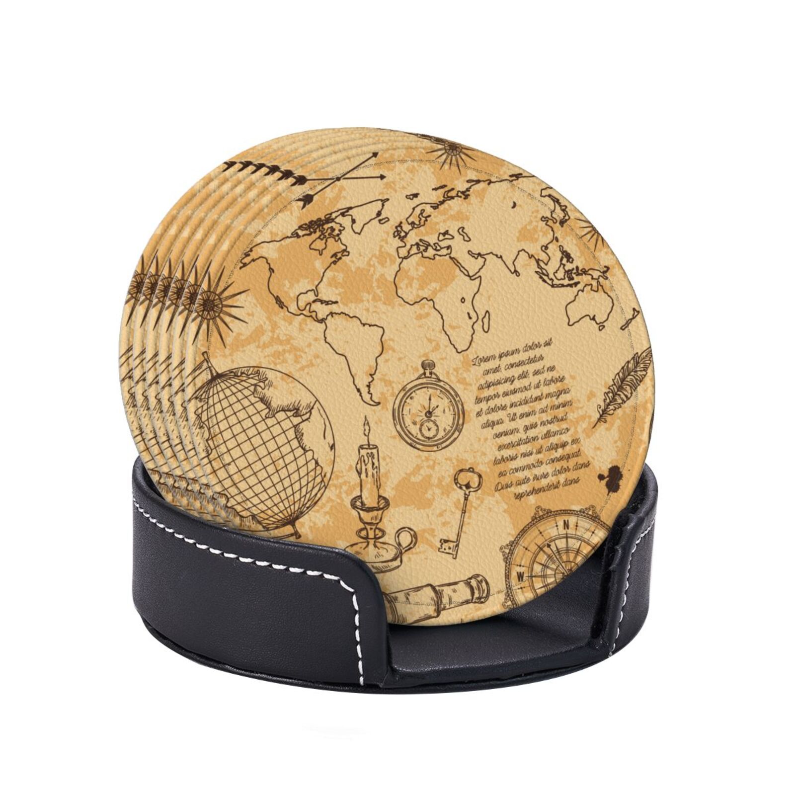 Round Map Coaster PAYOHTO Vintage Globe Compass World Map Premium PU Leather Coasters Set ...