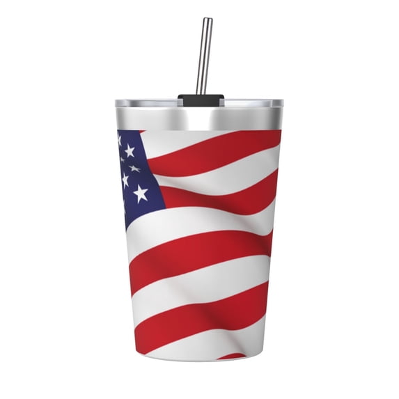 PAYOHTO Waving USA Flag Insulated Stainless Steel Tumbler 12 oz Thermos Come with Straw Kids Leak-Proof Travel Mug Cup