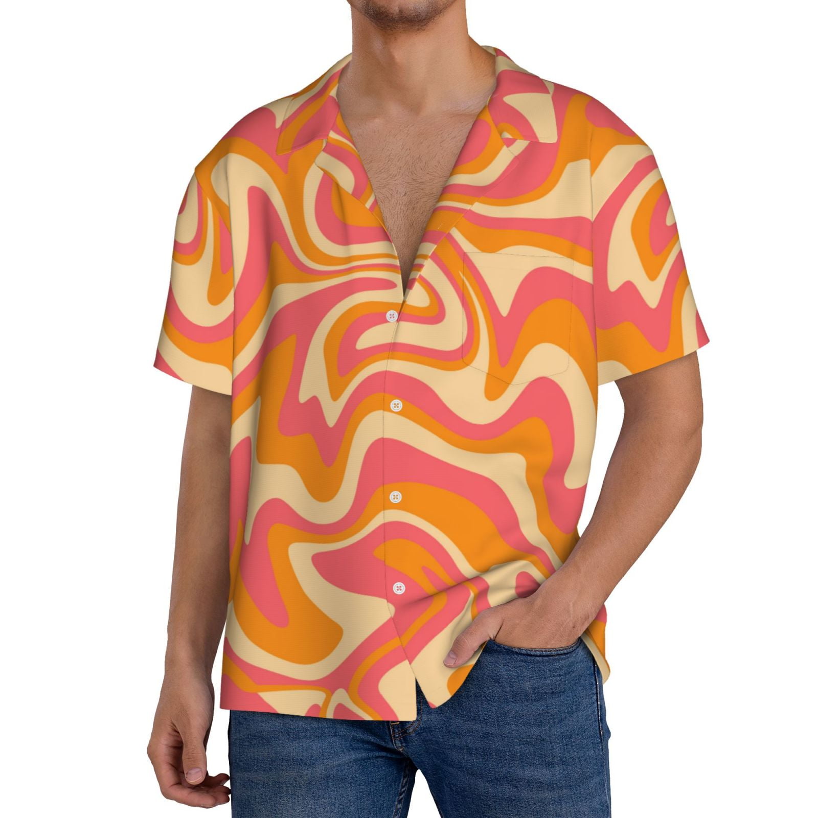 PAYOHTO Wavy Orange Pink Colors Mens Hawaiian Casual Short