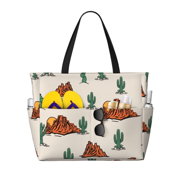 PAYOHTO Western Theme Cactus Cowboy Large Beach Tote Bags for Womens Mens Sandproof Swim Pool Bag with Zipper for Travel Vacation