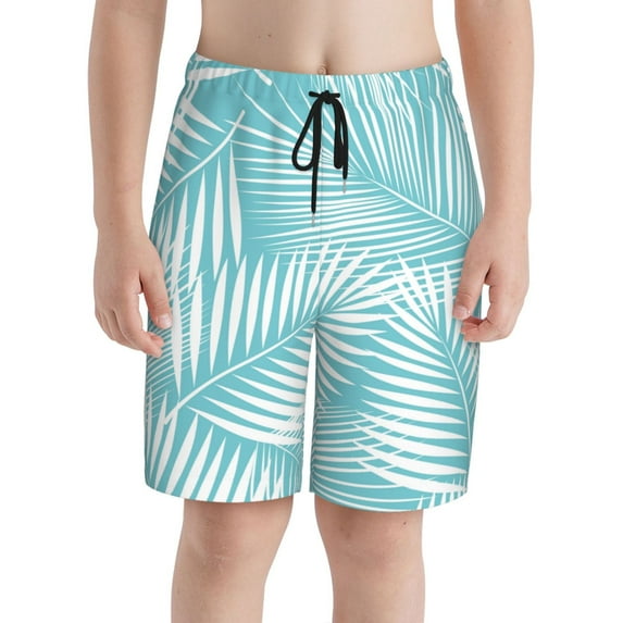 PAYOHTO White Palm Leaves Blue Boys Swim Trunks Quick Dry Beach Boardshorts for Teen Boys Bathing Suit Swimwear for Boys