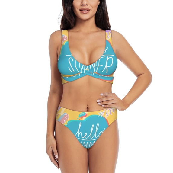 PAYOHTO Women's Cross Front Bikini Set with High Elasticity Soft Padding Banner Design Hello Summer Bathing Suit Crop Top Swimsuit